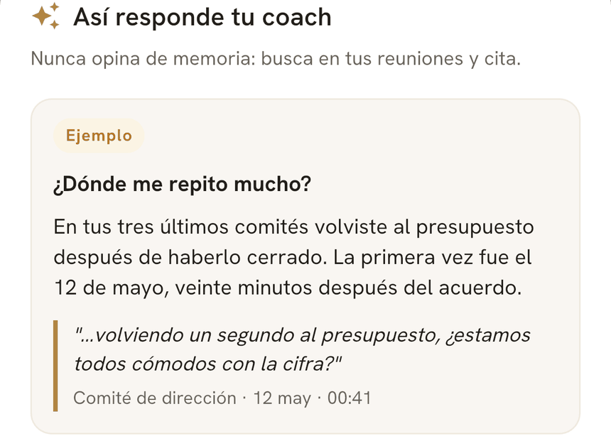 Ejemplo de respuesta del coach a la pregunta «¿Dónde me repito mucho?», citando textualmente una frase del comité de dirección del 12 de mayo en el minuto 00:41.